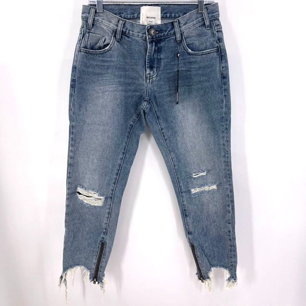 One Teaspoon Size 27 Rocky Blue Distressed Chewed Hem Freebirds Ankle Zip Jeans